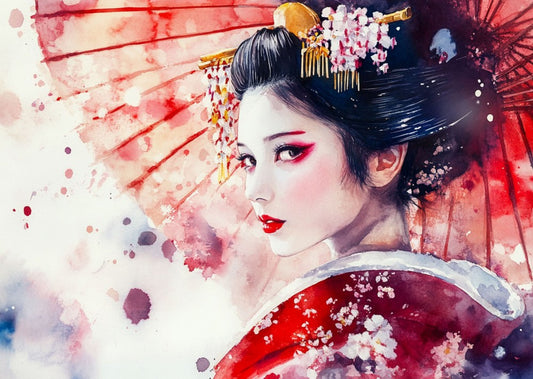 Japanese Geisha in Ink Wash Style