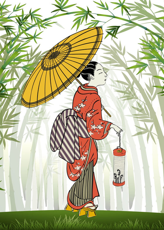 Geisha with Lantern in Bamboo Forest