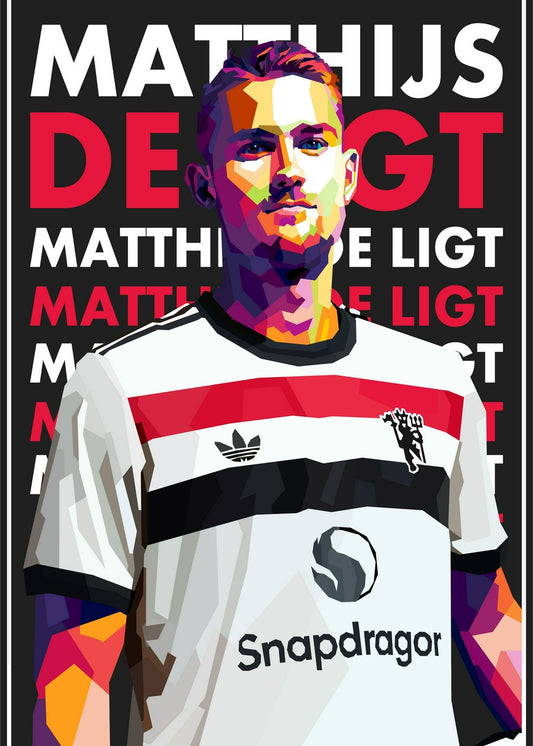  WPAP portrait of Matthijs De Ligt, a football player, with bold geometric shapes and vibrant colors showcasing his strength and presence on the field.







