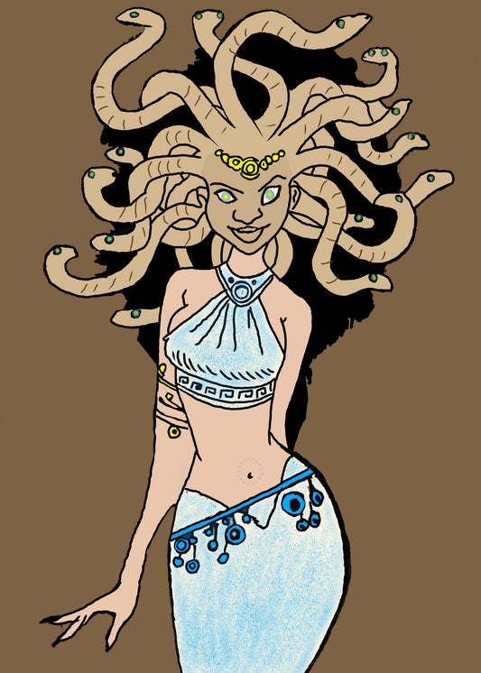 Medusa illustration with rough texture, bold strokes, and an intense gaze.