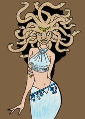 Medusa illustration with rough texture, bold strokes, and an intense gaze.