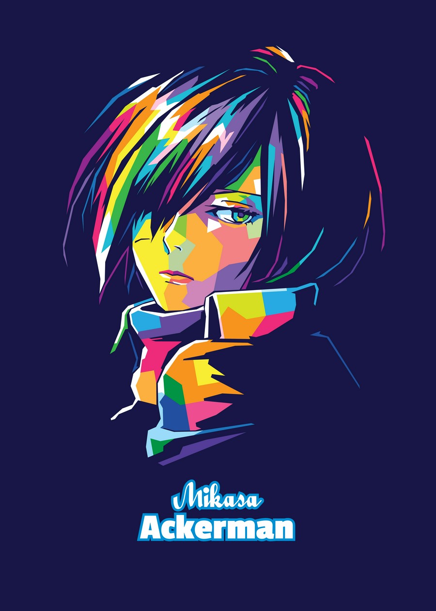 A striking WPAP-style illustration of Mikasa Ackerman from Attack on Titan. The artwork uses bold geometric shapes and vivid colors to capture her fierce determination, strength, and loyalty, portraying her as a powerful and resolute character.