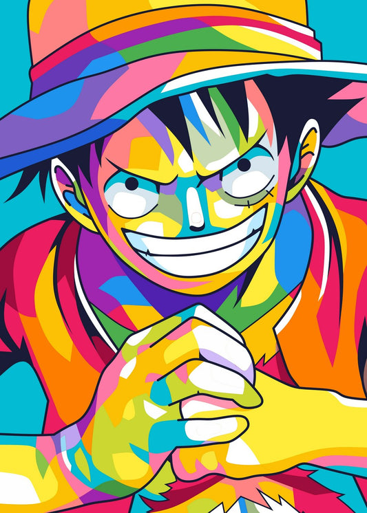 A vibrant WPAP-style illustration of Monkey D. Luffy from One Piece, showcasing his adventurous spirit and determination. The artwork uses bold geometric shapes and bright colors to emphasize his iconic straw hat and confident expression, capturing his fearless pursuit of becoming the Pirate King.