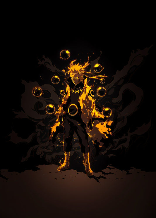  Naruto Uzumaki glowing with golden light and flames, standing in darkness, exuding power.