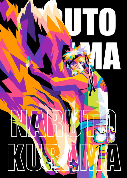 A powerful WPAP-style illustration of Naruto Uzumaki and Kurama from Naruto Shippuden, highlighting their bond and strength. The geometric design uses bold colors and dynamic shapes to represent their fierce partnership, with Naruto’s determination and Kurama’s raw power captured in vibrant detail.