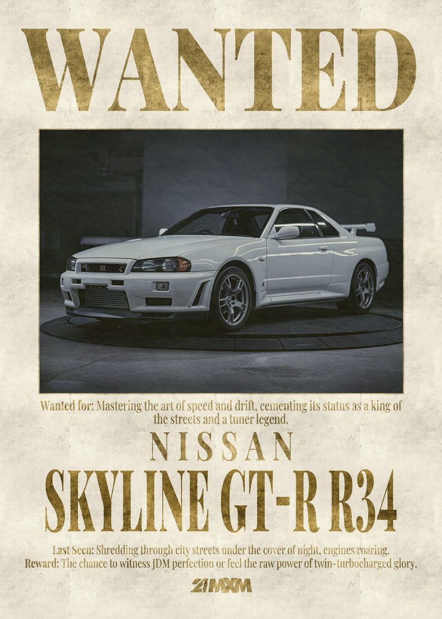 WANTED - Nissan GT-R R34 Photo of the Nissan GT-R R34, showcasing its iconic design and bold features.
