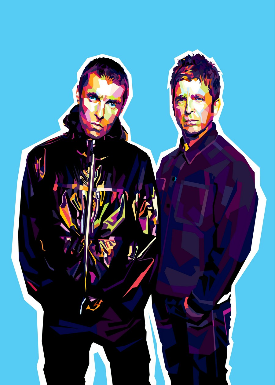  WPAP art of Liam and Noel Gallagher from Oasis with hands in their pockets, celebrating their 2025 reunion in a bold and colorful style.