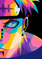 A striking WPAP-style close-up illustration of Pain from Naruto, featuring half of his face in sharp geometric shapes and bold colors. His Rinnegan eye and piercings add to the intense, powerful, and edgy aesthetic.