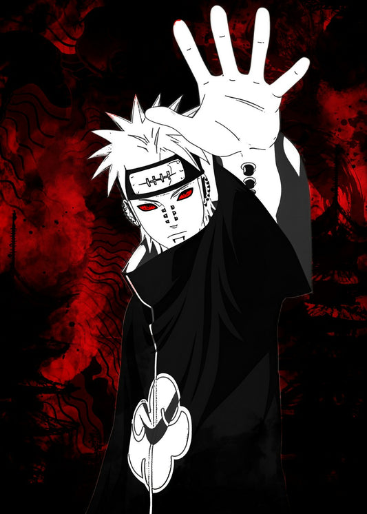 A captivating illustration of Pain from Naruto, featuring a striking black, white, and red color scheme. The artwork emphasizes his mysterious and powerful presence, with bold contrasts and vibrant tones that enhance his intense and intimidating aura.