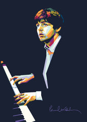 WPAP art illustration of Paul McCartney playing the piano in a calm and serene atmosphere.