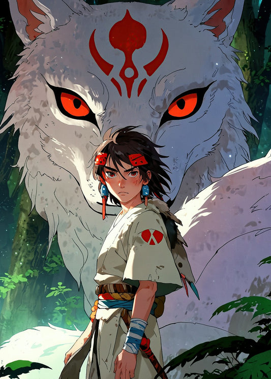 Princess Mononoke illustration, tribal princess with a white tiger, determined gaze, vibrant colors.