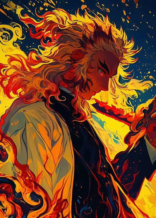 Rengoku Kyojuro in a golden flame-filled illustration, showcasing his strength and determination.