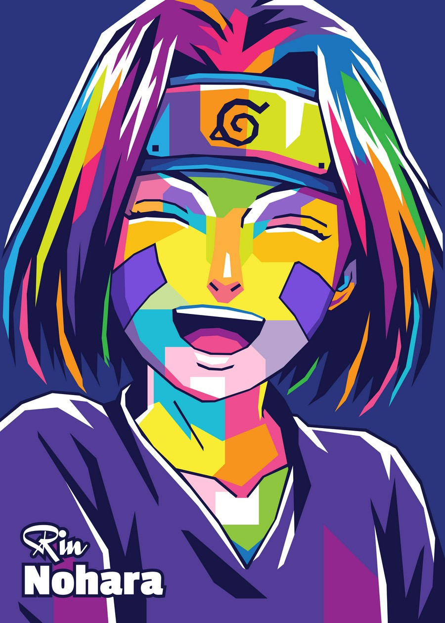 A striking WPAP-style illustration of Rin Nohara from Naruto. The artwork captures her warm and caring personality with bold geometric shapes and vivid colors, highlighting her strength and selflessness.