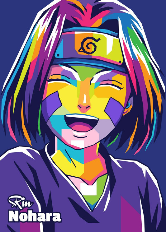 A striking WPAP-style illustration of Rin Nohara from Naruto. The artwork captures her warm and caring personality with bold geometric shapes and vivid colors, highlighting her strength and selflessness.