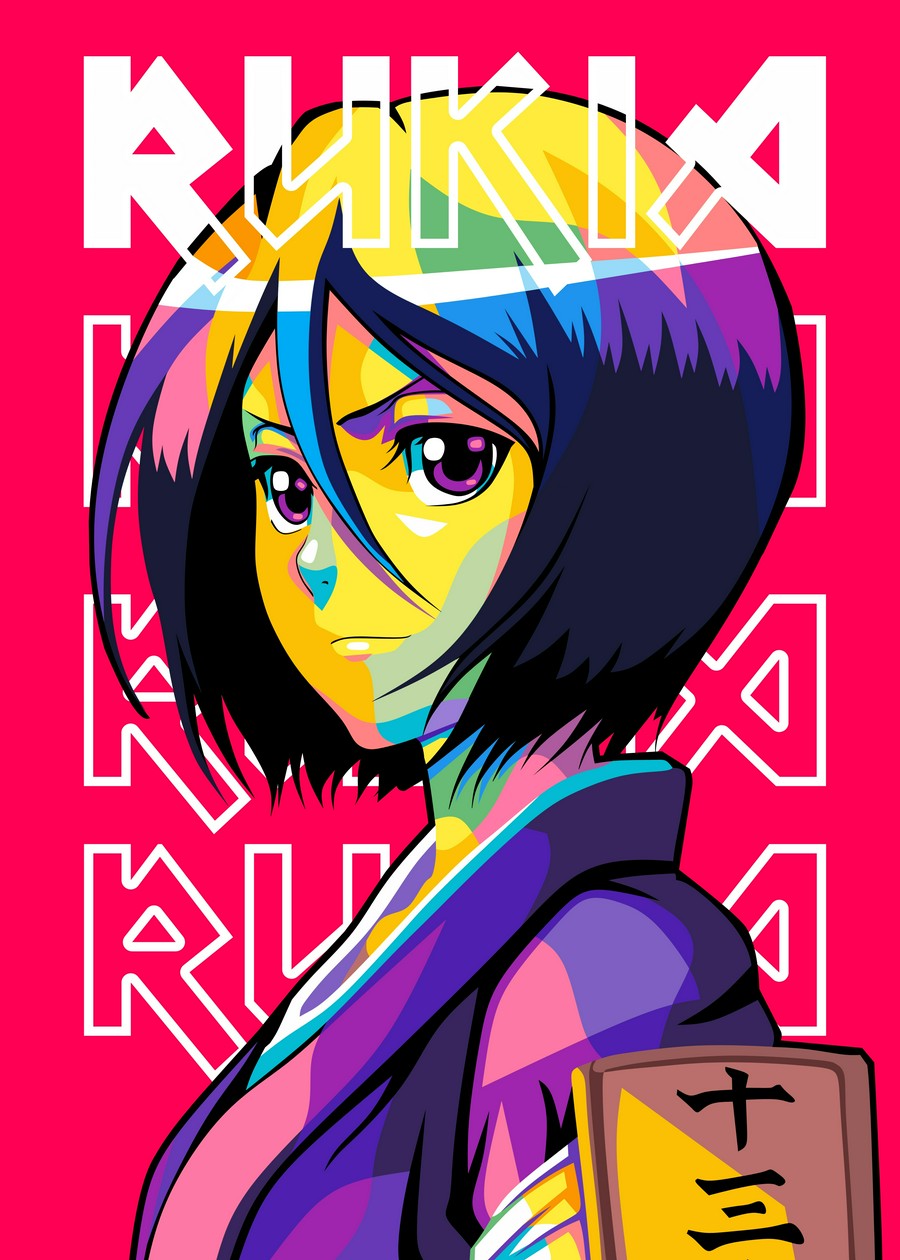 A bold and colorful WPAP-style illustration of Rukia Kuchiki from Bleach. The artwork features sharp geometric shapes and vibrant tones, capturing her strong and graceful presence in a striking and modern pop-art aesthetic.

