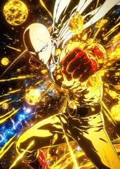 A striking illustration of Saitama from One Punch Man, with his iconic bald head and intense expression as his fist charges forward. The image is bright and radiant, with golden light shining around his fist, emphasizing his overwhelming power. 