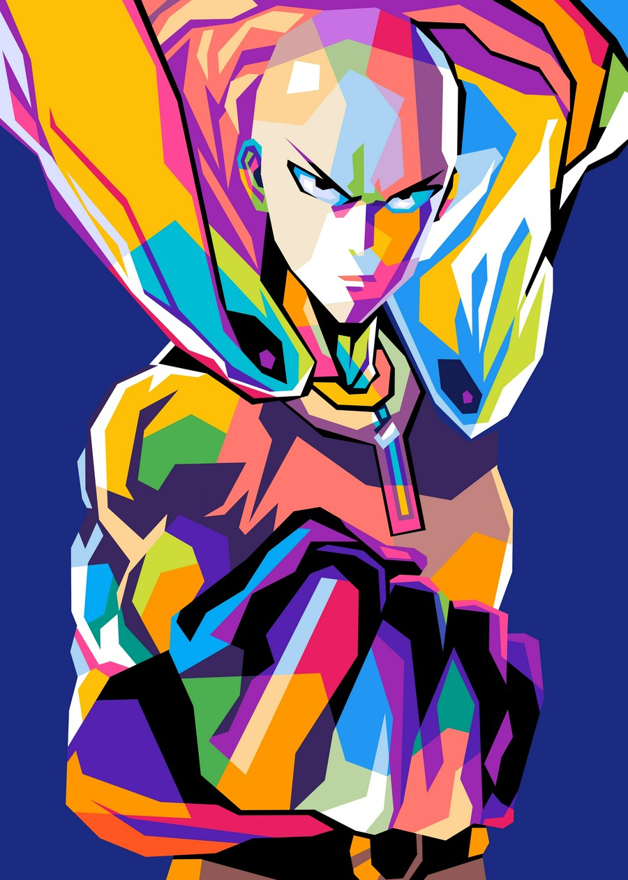 A bold and colorful WPAP-style illustration of Saitama from One Punch Man. The artwork features sharp geometric shapes and vibrant tones, capturing his iconic expression in a striking and modern pop-art aesthetic.
