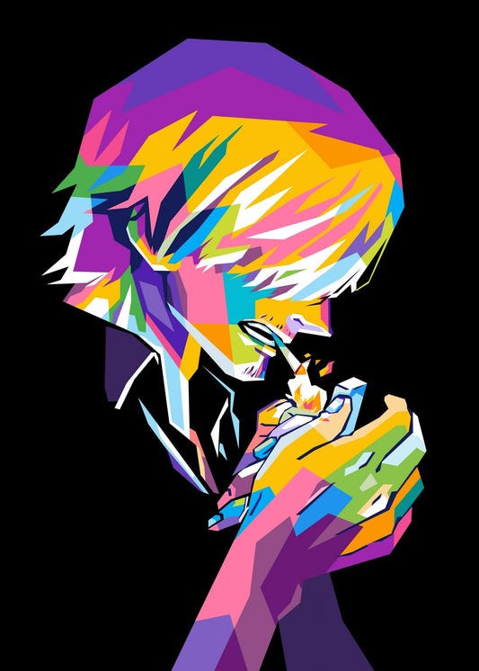 A striking WPAP-style illustration of Sanji from One Piece. The artwork uses sharp geometric shapes and vibrant colors to capture his cool and charismatic personality, highlighting his strength and suave demeanor as a skilled fighter and chef.