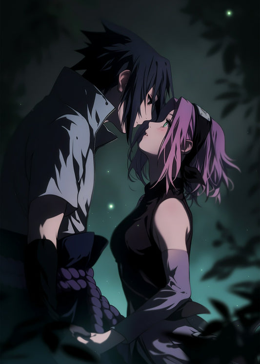 Sasuke & Sakura holding hands and gazing at each other, expressing love and connection from Naruto.