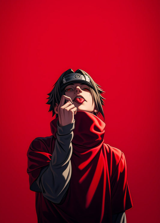 Sasuke Uchiha with a sassy expression, eyes closed, head tilted back against a red background, showcasing confidence and defiance.