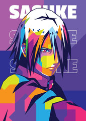 A bold WPAP-style illustration of Sasuke Uchiha from Naruto. The artwork features sharp geometric shapes and vibrant colors, capturing his intense and brooding personality, as well as his inner strength and resolve.

