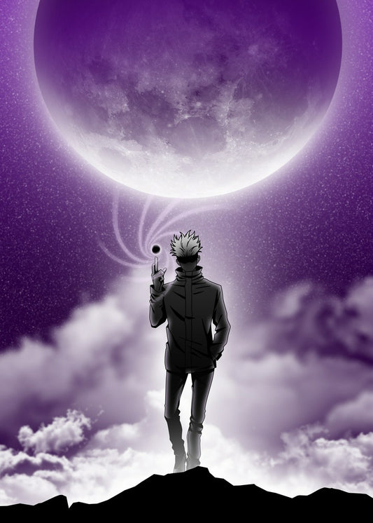 Satoru Gojo from Jujutsu Kaisen in a mysterious pose, highlighted by purple tones, exuding power and intrigue, perfect for anime collectors