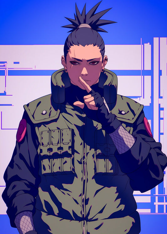 Shikamaru Nara in a shadowy, strategic pose, exuding intelligence and calmness.