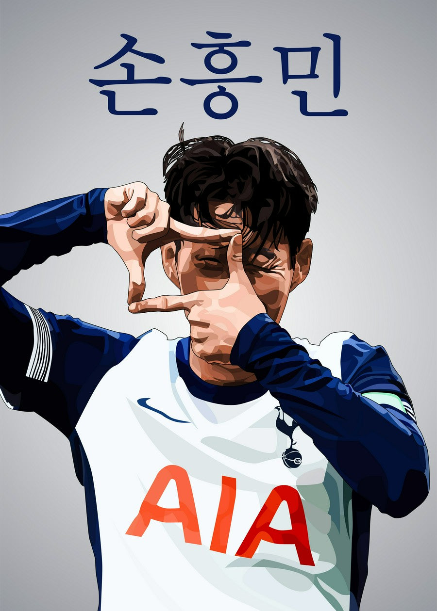 A dynamic vexel art representation of Son Heung Min in action, capturing his signature energy and football skills.