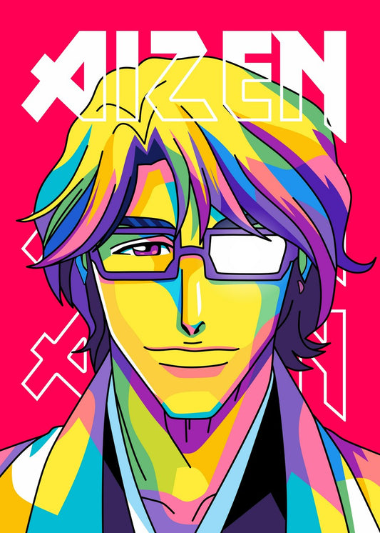 A bold and colorful WPAP-style illustration of Sosuke Aizen from Bleach. The artwork features sharp geometric shapes and vibrant tones, capturing his cunning and commanding presence in a striking and modern pop-art aesthetic.