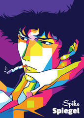 A bold WPAP-style illustration of Spike Spiegel from Cowboy Bebop. The artwork features sharp geometric shapes and vibrant colors, capturing his laid-back yet fierce personality, along with his smooth, cool demeanor.
