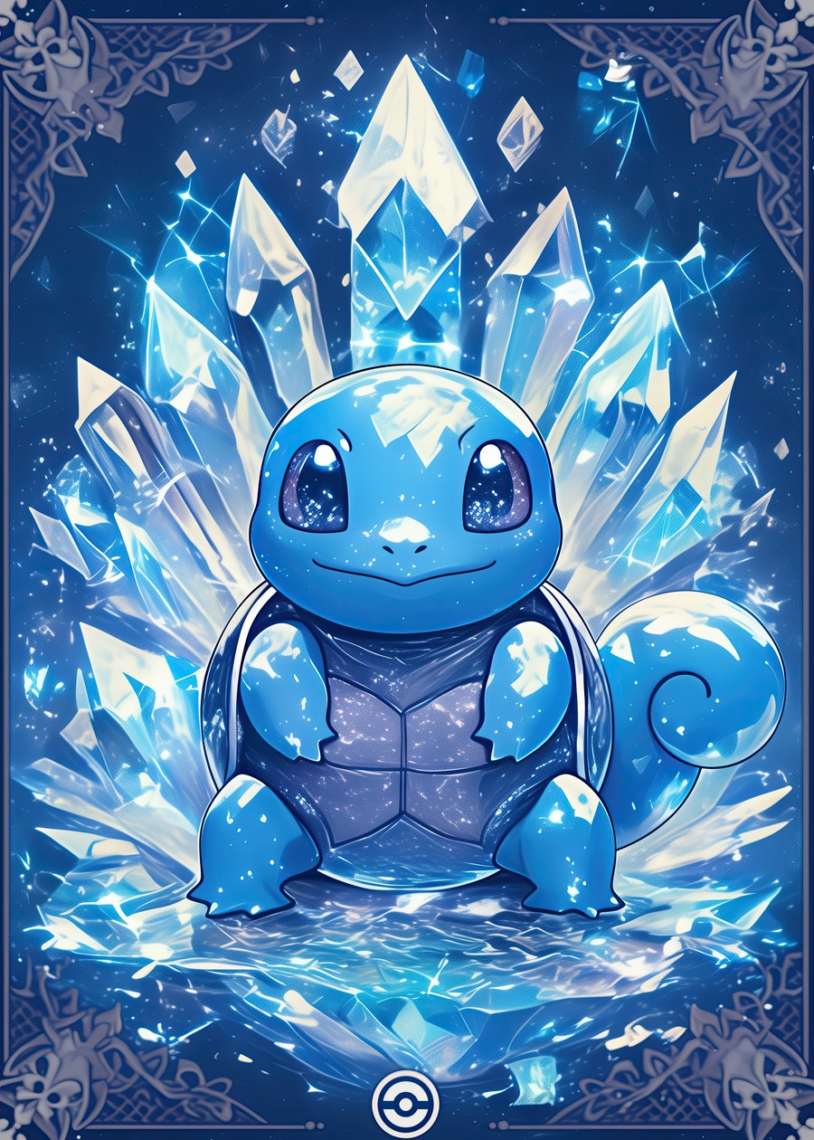 A stunning illustration of Squirtle seated on a majestic ice crystal throne, surrounded by a serene blue ambiance. The intricate ice details and cool-toned lighting emphasize the frosty, regal atmosphere, making this piece a captivating addition for Pokémon fans.