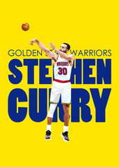  Stephen Curry vector art, basketball shot, blue and yellow background, dynamic motion, NBA star.