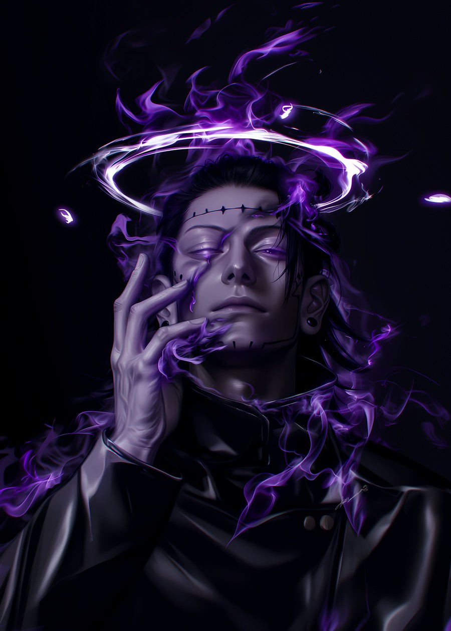 Suguru Geto from Jujutsu Kaisen surrounded by purple light, evoking a mysterious and powerful aura.