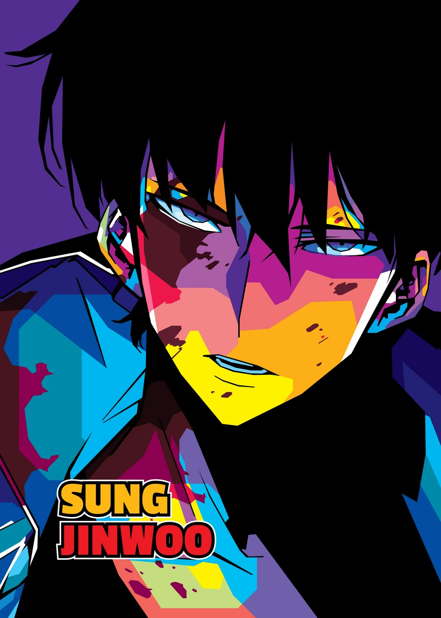 A striking WPAP-style illustration of Sung Jin Woo from Solo Leveling, capturing his cold, intense demeanor. His face, marked with blood stains, reflects his transformation into a powerful and relentless warrior. Bold geometric shapes and vibrant tones highlight his fierce and determined personality in a modern pop-art style.