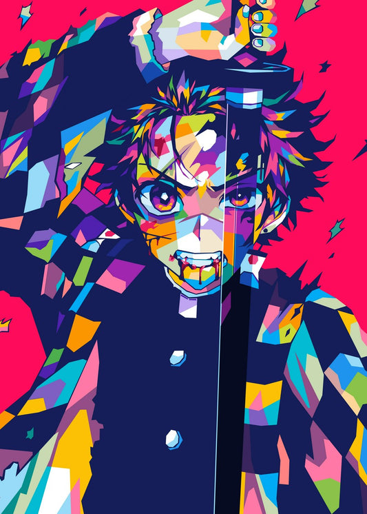 A striking WPAP-style illustration of Tanjiro Kamado from Demon Slayer, featuring him in a battle stance, holding his sword with intense focus. The artwork highlights his strength and determination through dynamic geometric shapes and vibrant colors, embodying his unwavering spirit in the fight against demons.