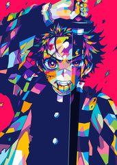 A striking WPAP-style illustration of Tanjiro Kamado from Demon Slayer, featuring him in a battle stance, holding his sword with intense focus. The artwork highlights his strength and determination through dynamic geometric shapes and vibrant colors, embodying his unwavering spirit in the fight against demons.