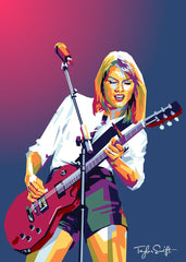 WPAP art illustration of Taylor Swift performing on stage with a guitar and microphone.