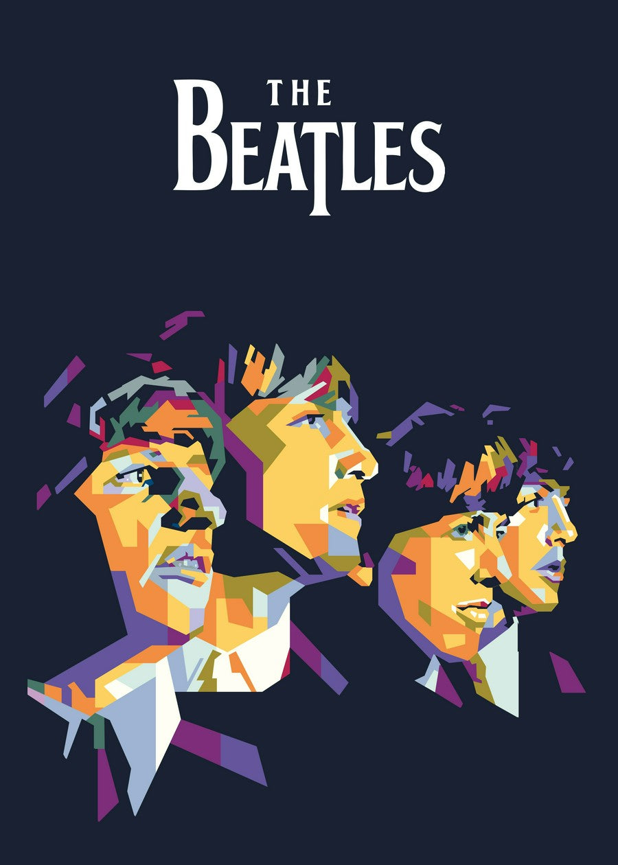  WPAP art illustration of The Beatles' side profiles against a black background.
