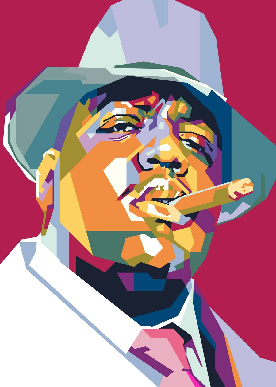 The Notorious B.I.G. WPAP art, portrait, wearing a hat, smoking a cigar, vintage style.

