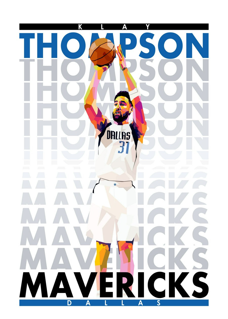 Thompson shooting in WPAP style, colorful geometric portrait, basketball action.

