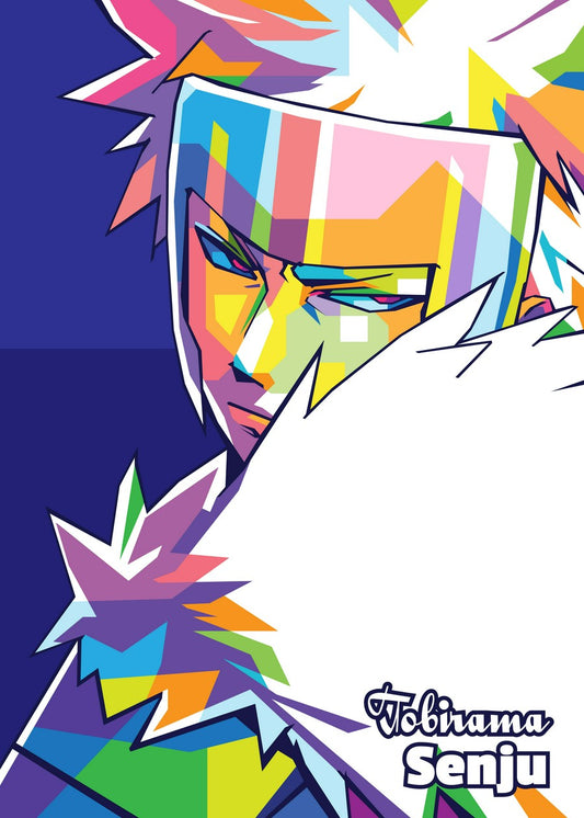 A bold WPAP-style illustration of Tobirama Senju from Naruto. The artwork captures his sharp and determined expression through bold geometric shapes and vibrant colors, reflecting his strategic mind and powerful presence.