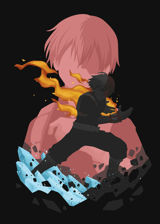  A powerful illustration of Todoroki Shoto from My Hero Academia. The artwork features a gray silhouette in the foreground and another in the background, emphasizing his dual powers of ice and fire. The sharp contrast between light and dark creates a striking visual impact, symbolizing his inner struggle and strength. The bold color choices amplify the character’s unique abilities and intense personality.