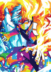 A bold and colorful WPAP-style illustration of Todoroki Shoto from My Hero Academia. The artwork showcases his dual nature with sharp geometric shapes and vibrant tones, capturing both his icy and fiery powers in a striking, modern pop-art aesthetic.