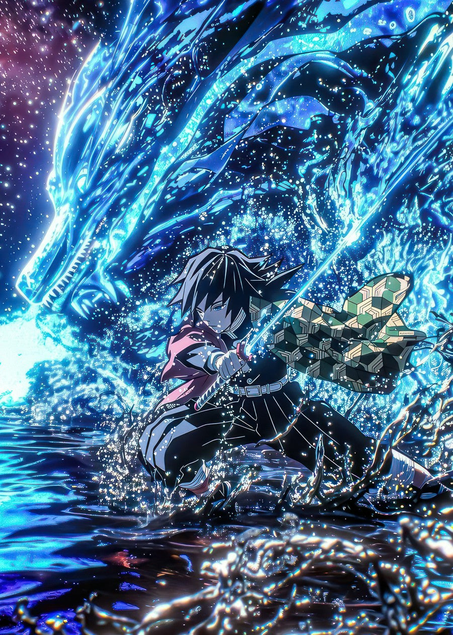 A striking depiction of Tomioka Giyu from Demon Slayer, immersed in a swirling cascade of blue water. His battle stance exudes power and precision, with fluid motion enhancing the intensity of the scene. The vivid color palette and dynamic composition create a visually captivating experience.