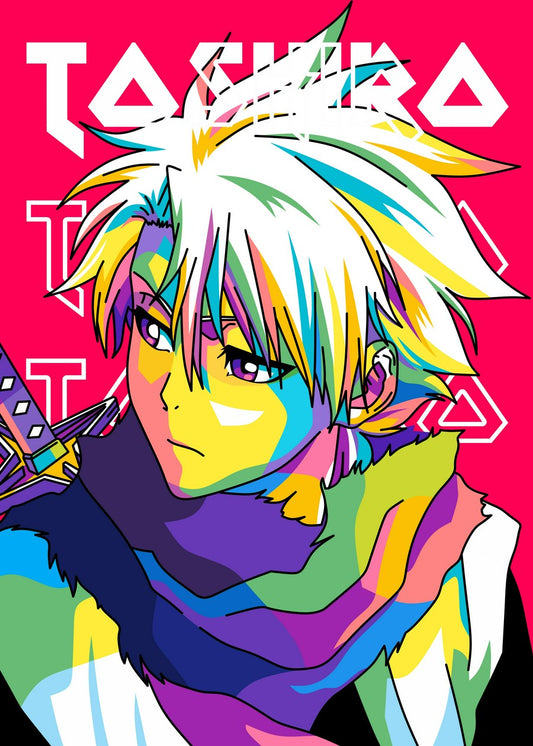 A bold and colorful WPAP-style illustration of Toshiro Hitsugaya from Bleach. The artwork features sharp geometric shapes and vibrant tones, capturing his cool and determined expression in a striking and modern pop-art aesthetic.
