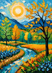 Van Gogh-style autumn landscape with colorful trees and swirling leaves.

