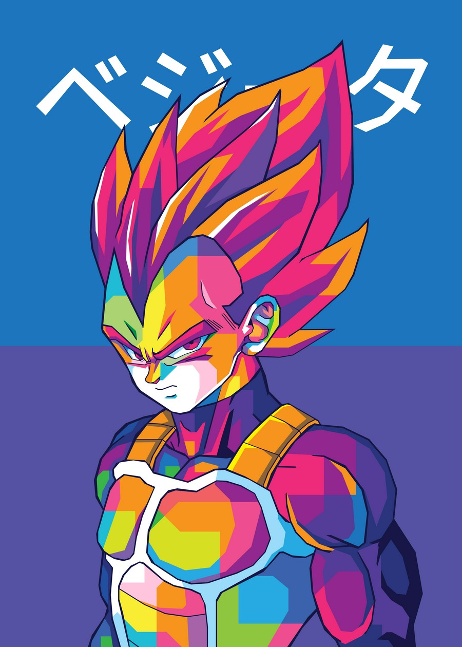 A bold WPAP-style illustration of Vegeta from Dragon Ball. The artwork captures his fierce determination and pride through sharp geometric shapes and vibrant colors, highlighting his warrior spirit and unwavering strength.