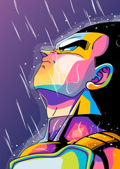 A striking Pop Art-style illustration of Vegeta from Dragon Ball Z. This artwork features bold, vibrant colors and sharp lines, highlighting his intense personality and warrior spirit with a modern, dynamic twist.