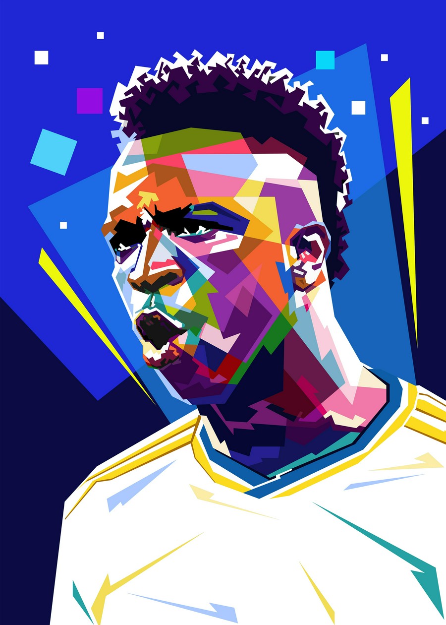 Vinicius Jr. in pop art style, dynamic and colorful portrait, football legend.

