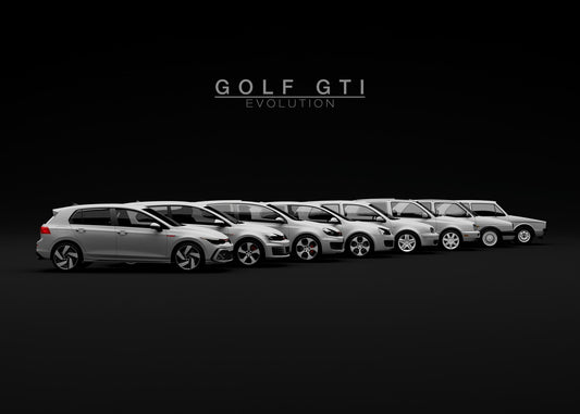  A visual journey through the evolution of the Volkswagen Golf GTI, showcasing all generations of this iconic hot hatch. Perfect for VW fans!